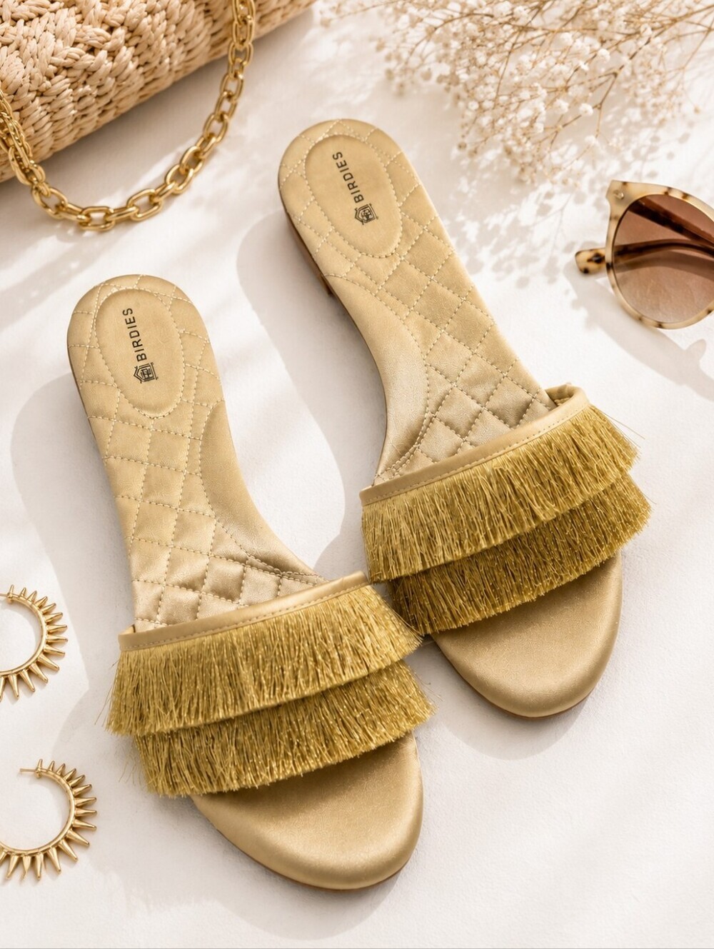 Birdies Quilted Satin Gold Metalic Fringe Slide Open Toe Mule Shoes. Ladies 8.5
